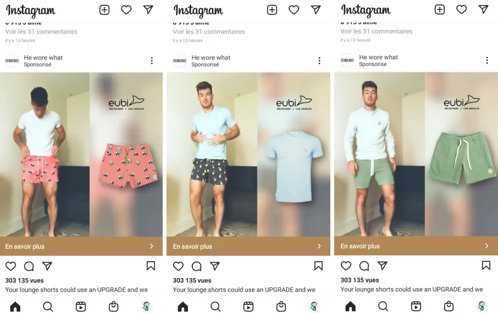 Les pubs Eubi Shorts dans mon fil Instagram