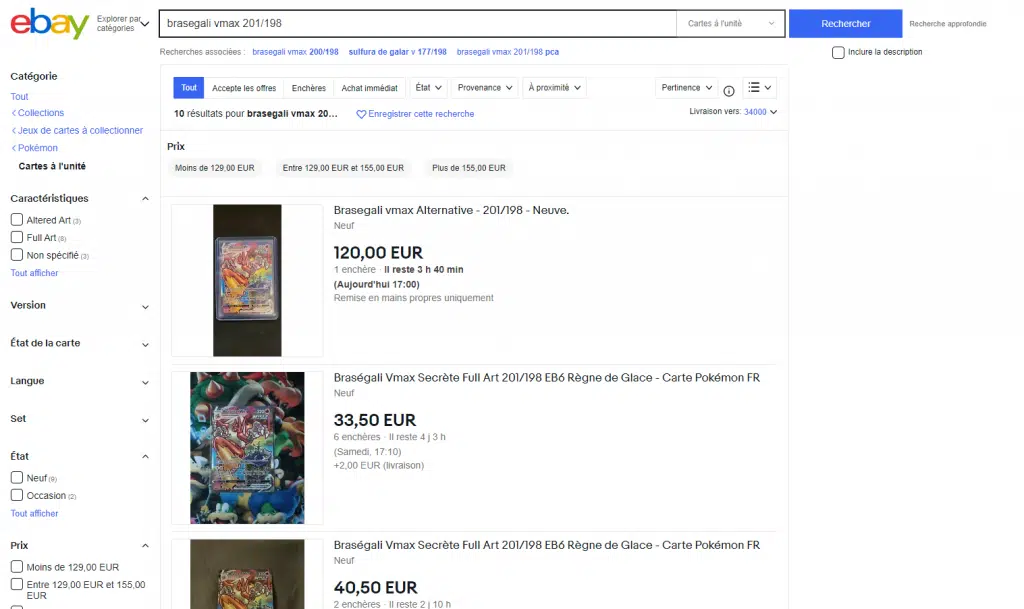 Différents prix pour une carte Pokémon sur Ebay